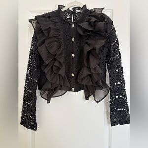Elegant Black Lace Ruffle Blouse